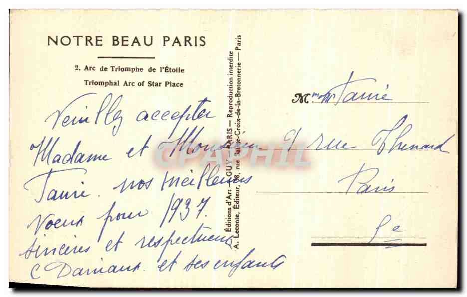 CPA Notre Beau Paris Arc De Triomphe de l Etoile — Rückseite