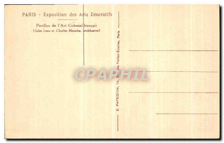 Pavillon de l'Art Colonial français — Exposition des Arts Décoratifs — Jules Josso et Charles Blanche, architectes — Verso