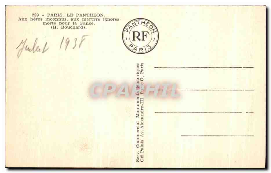 CPA Paris Le Pantheon Aux heros Inconnus aux Martyrs Ignores Morts Pour la Fance — Rückseite