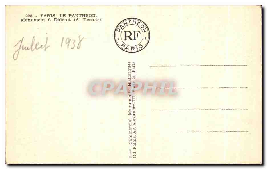 CPA Paris Le Pantheon Monument a Diderot — Rückseite