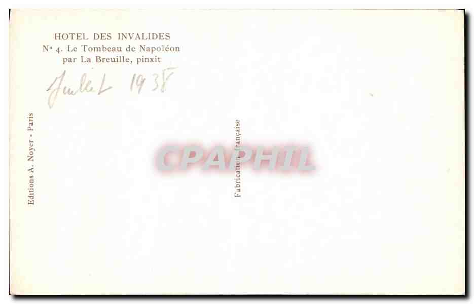 CPA Paris Hotel Des Invalides Le Tombeau de Napoleon 1er — Rückseite