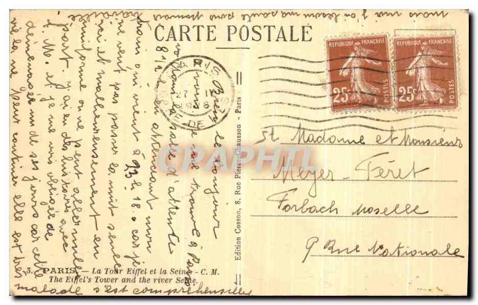 CPA Paris La Tour Eiffel et la Seine Peniche  — Rückseite