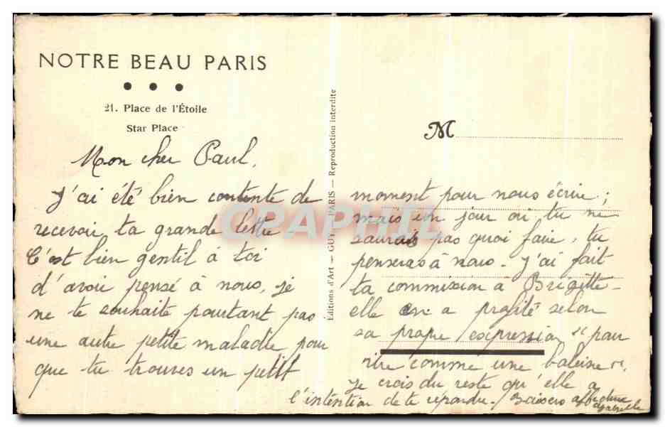 CPA Paris Notre Beau Paris Place de l etoile — Rückseite