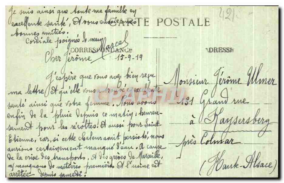 Saint-Étienne — Cours Jovin-Bouchard — Der gallische Hahn, Denkmal der Kämpfer — Verlag M.M. n°500 — Rückseite