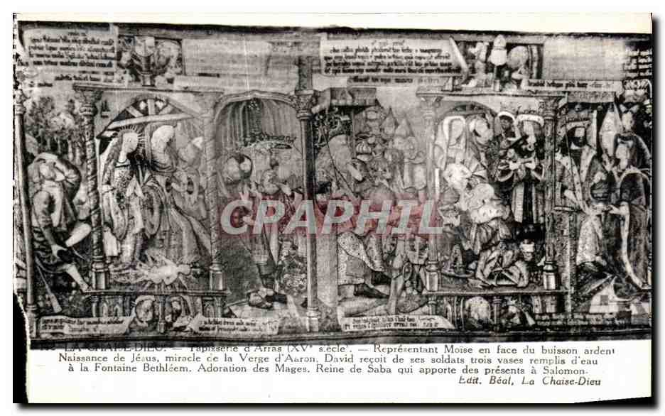 Tapisserie d'Arras — Naissance de Jésus, Miracle de la Vierge d'Aaron, Adoration des Mages, Reine de Saba — Édit. Béal, La Chaise-Dieu