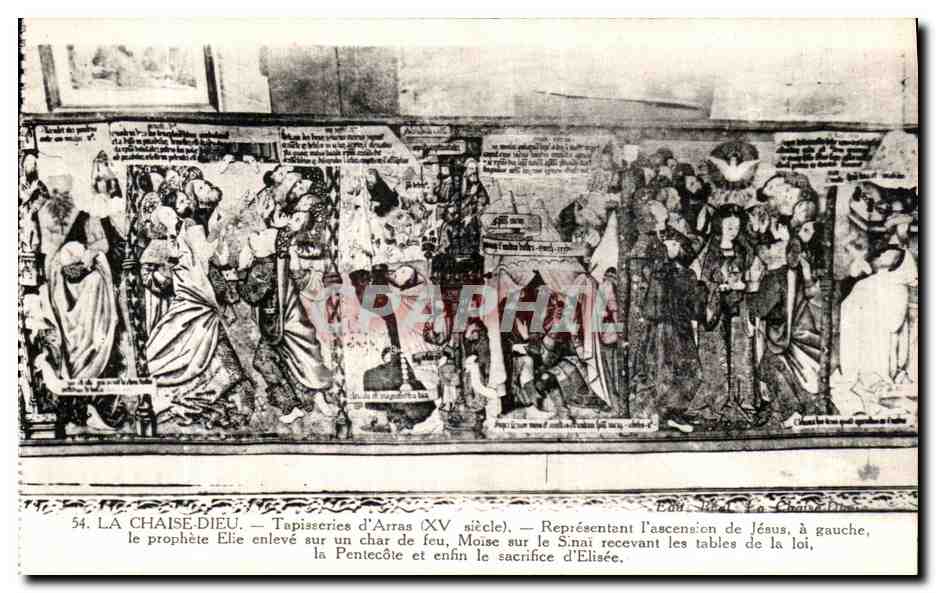 La Chaise-Dieu — Tapisseries d'Arras (XVe siècle) — Représentant l'ascension de Jésus, à gauche, Moïse sur le Sinaï recevant les tables de la loi, enfin le sacrifice d'Élisée