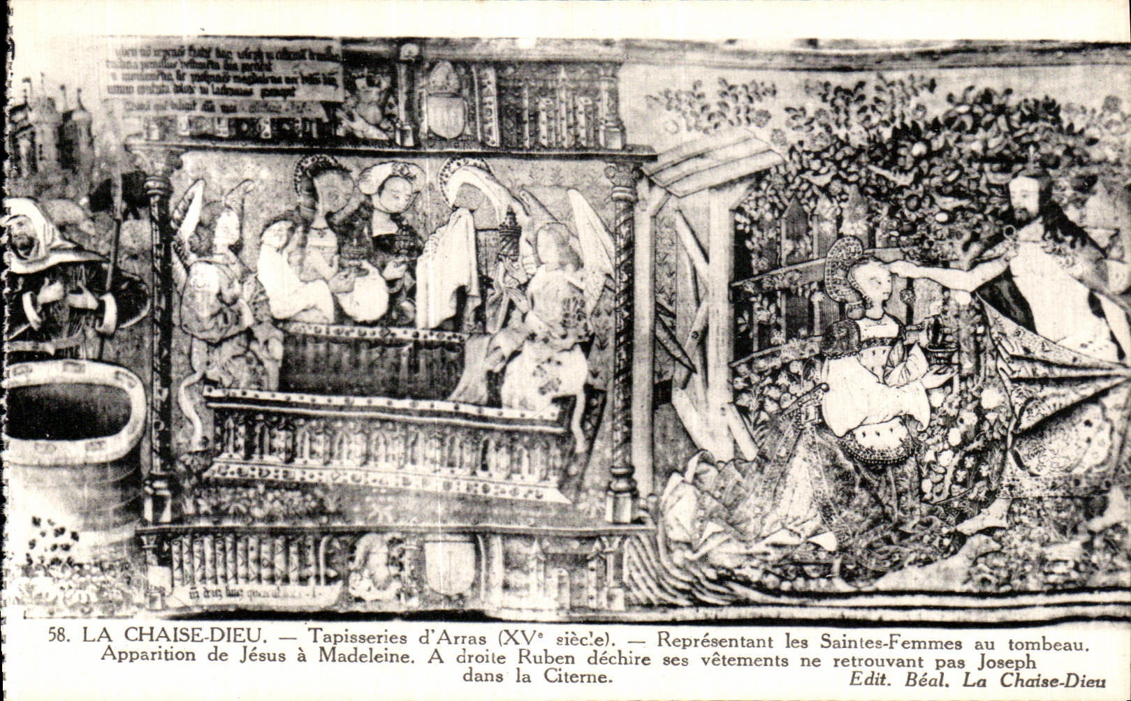 La Chaise-Dieu — Tapisseries d'Arras (XVe siècle) — Représentant les Saintes-Femmes au tombeau d'Église à Madeleine. A droite Ruben déchire ses vêtements ne retrouvant pas Joseph. Edit. Béal.