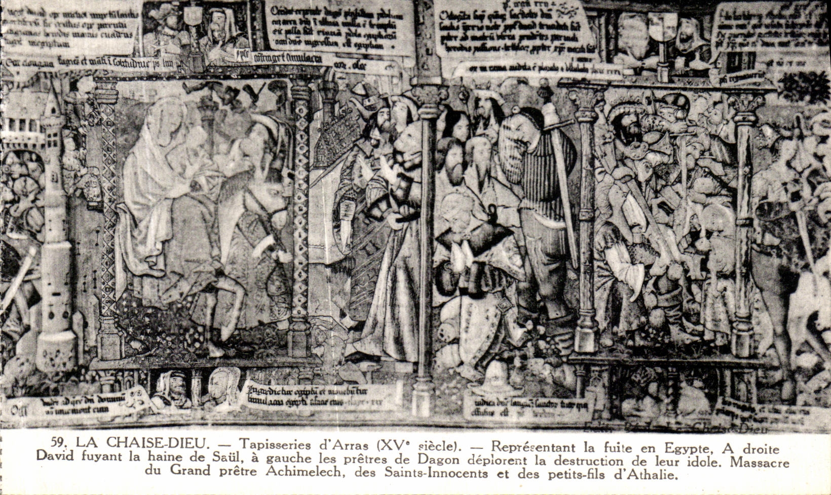 La Chaise-Dieu — Tapisseries d'Arras (XVe siècle) — Représentant la fuite en Égypte de David, à gauche les prêtres de Dagon déplorant la destruction de leur idole, à droite le massacre des petits-fils d'Athalie