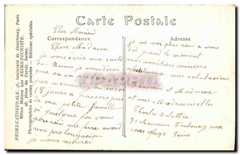 Feuer und Bombardement von REIMS — Nach dem Brand — Verlag Léon Doucet, Visé Paris N° 18 — Rückseite