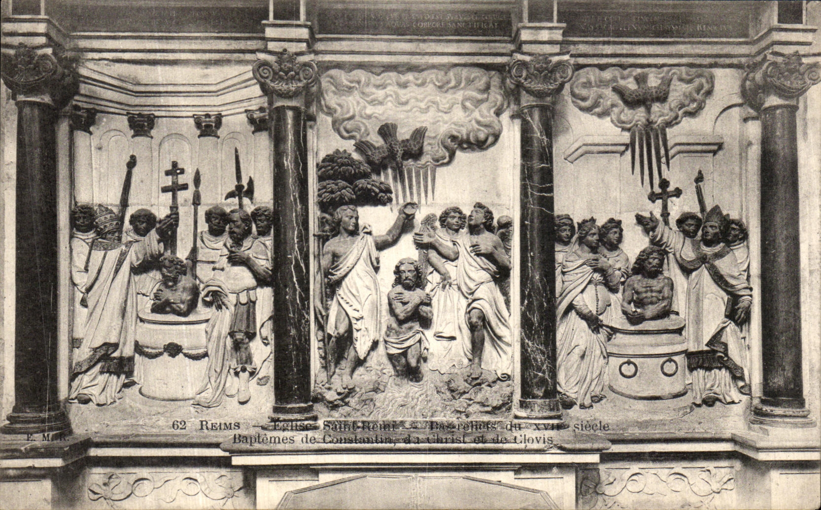Baptêmes de Constantin, du Christ et de Clovis — Église Saint-Remi — Reims — Bas-reliefs du XVIIe siècle — E.M.R.