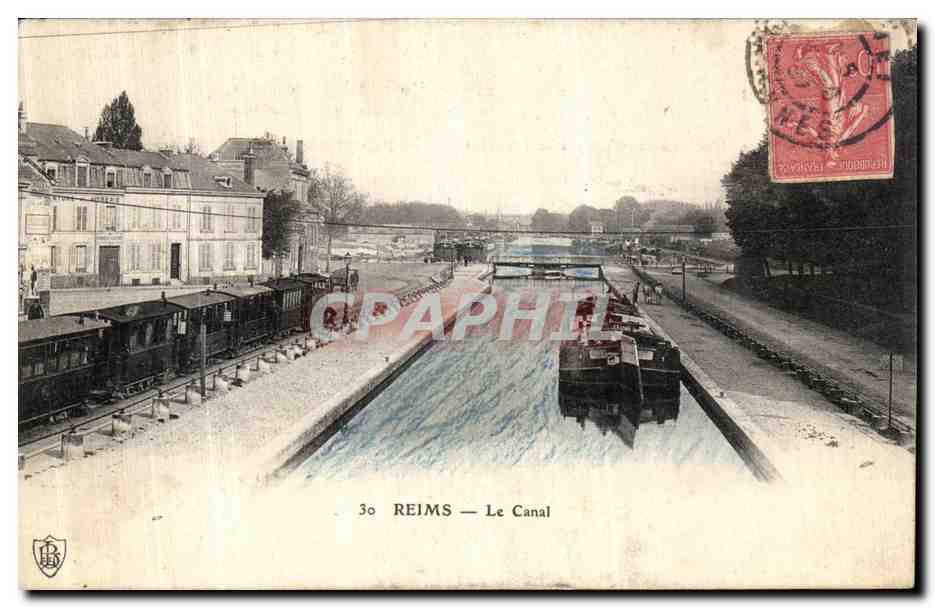 CPA Reims Le Canal Peniche Train 