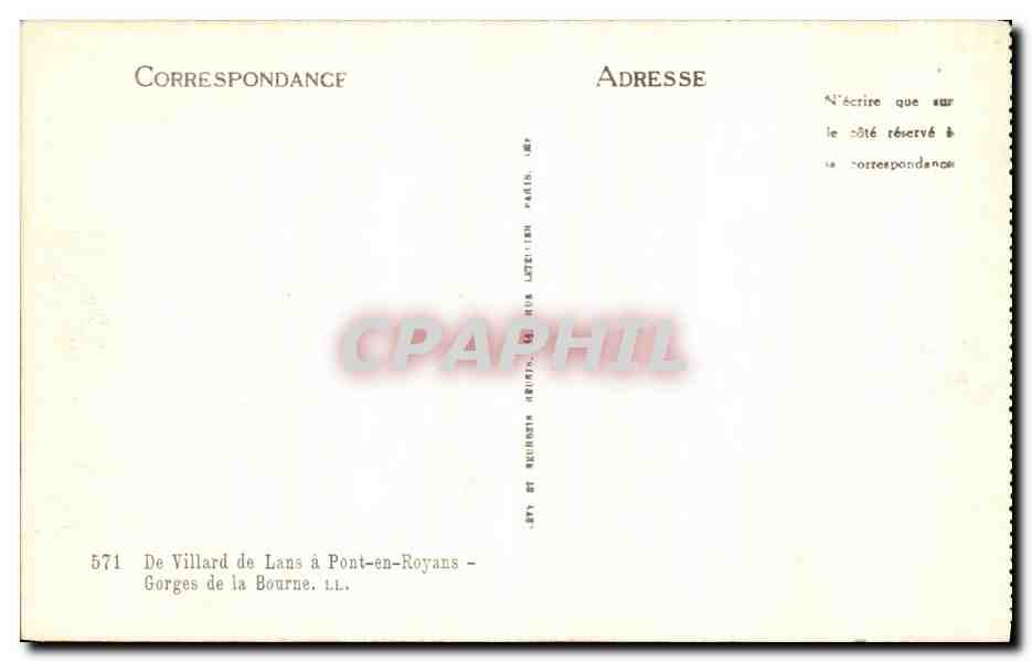 Gorges de la Bourne — Pont-en-Royans — éditeur Villard de Lans, n° 571 — Verso