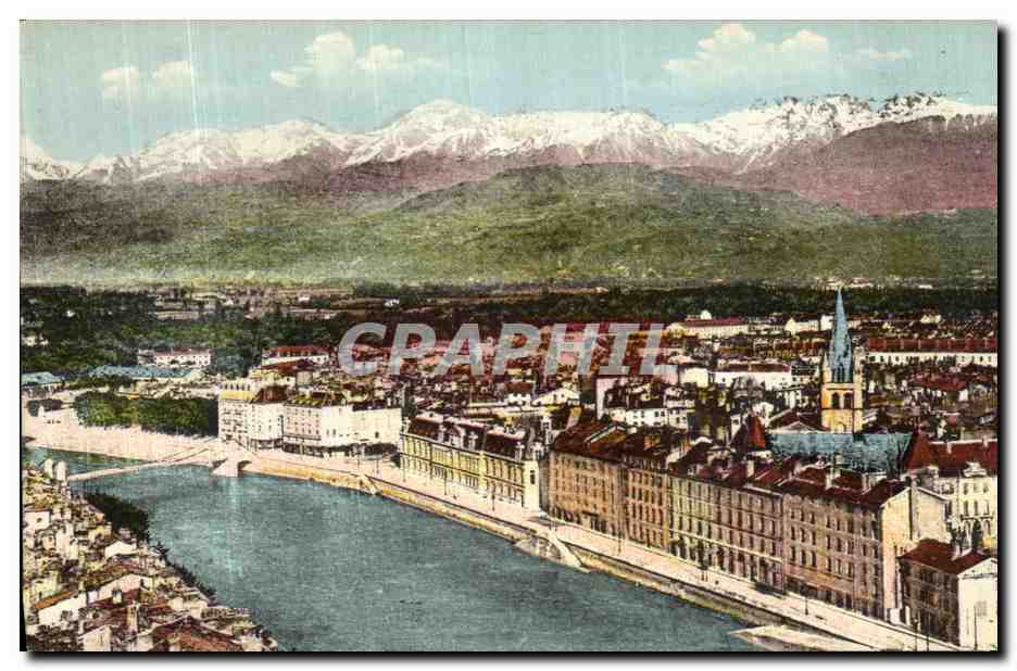 Vue de Grenoble — avec montagnes enneigées — éditeur non identifié