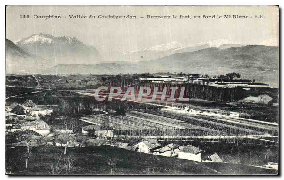 Vallée du Graisyvaudan — Barraux le fort, au fond le Mt-Blanc — E.R. — Édition E.R.