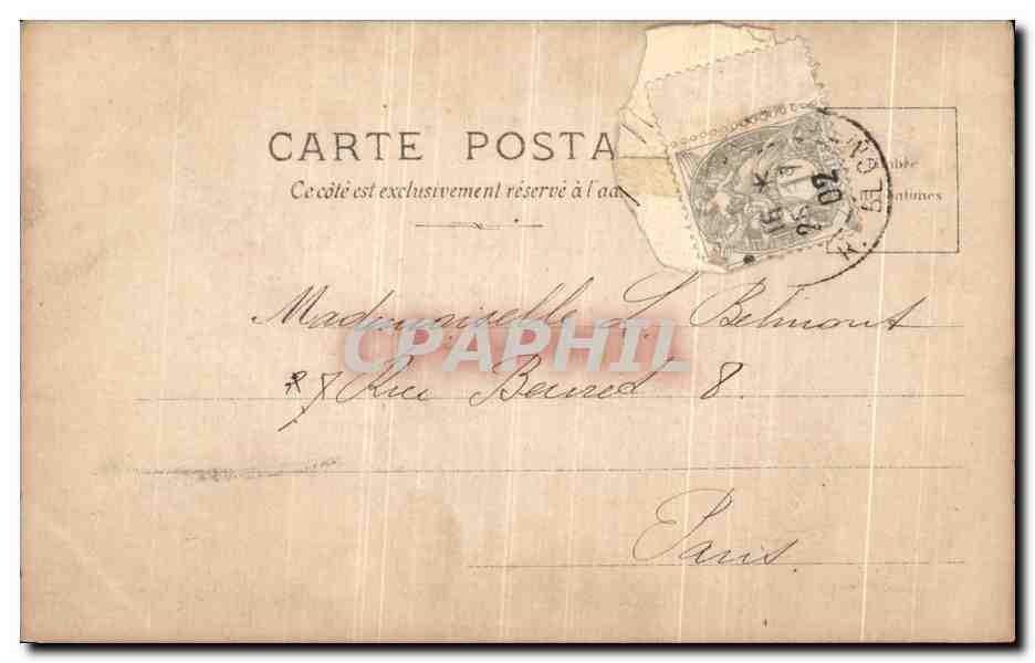 Femme en robe blanche et chapeau à plumes — Série 18e N°13 — Robinson, S.I.P. Paris — Reverso