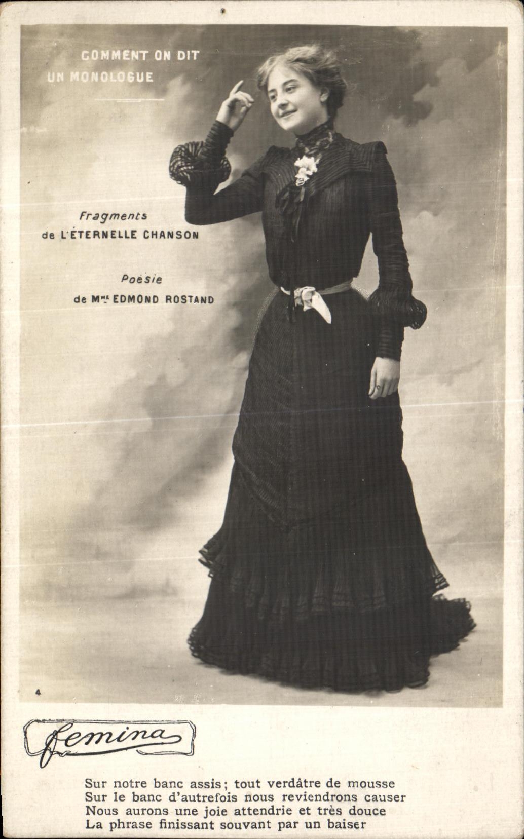 Femme en robe sombre — poème de Mme Edmond Rostand — éditeur Femina, n°4