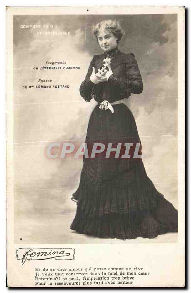 Femme en robe noire — poème de Mme Edmond Rostand — éditeur Femina, n°6