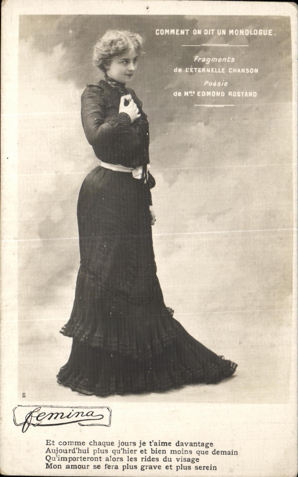 Femme en robe longue — poème de Mme Edmond Rostand — éditeur Femina, n°5