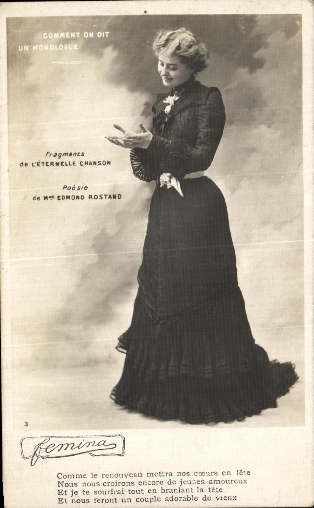 Femme en robe longue — poésie de Mme Edmond Rostand — éditeur Femina, n°3