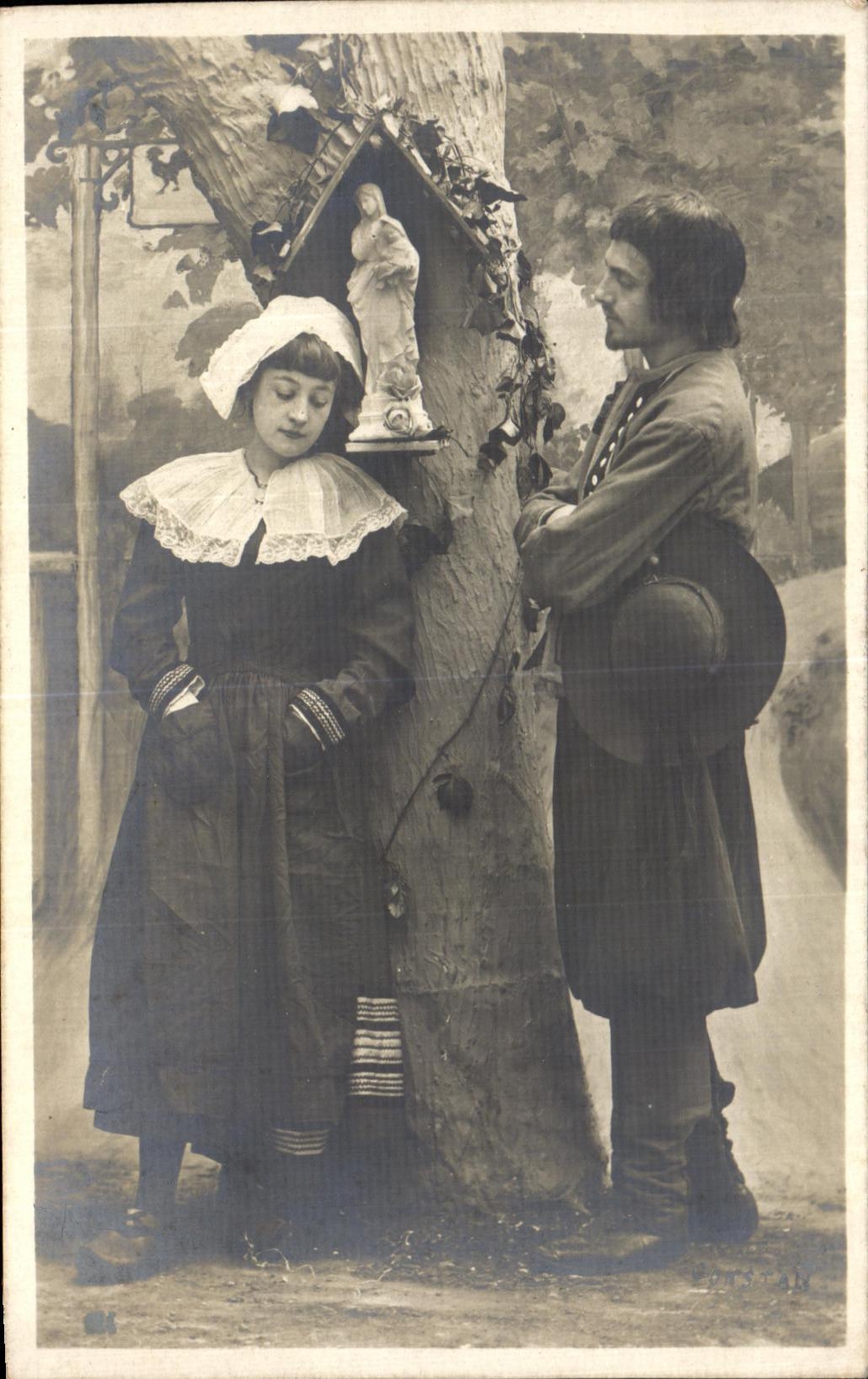 Young woman and soldier in front of a wooded chapel — Bonstran, publisher