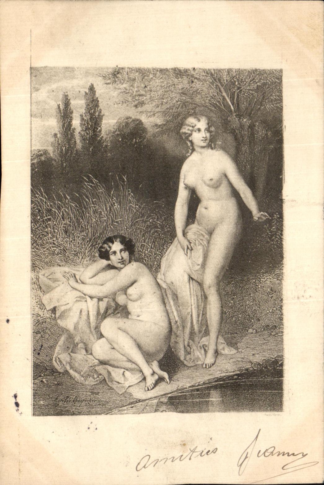 Deux nudités — gravure signée 'F. Vamzy' — éditeur 'F. Vamzy'