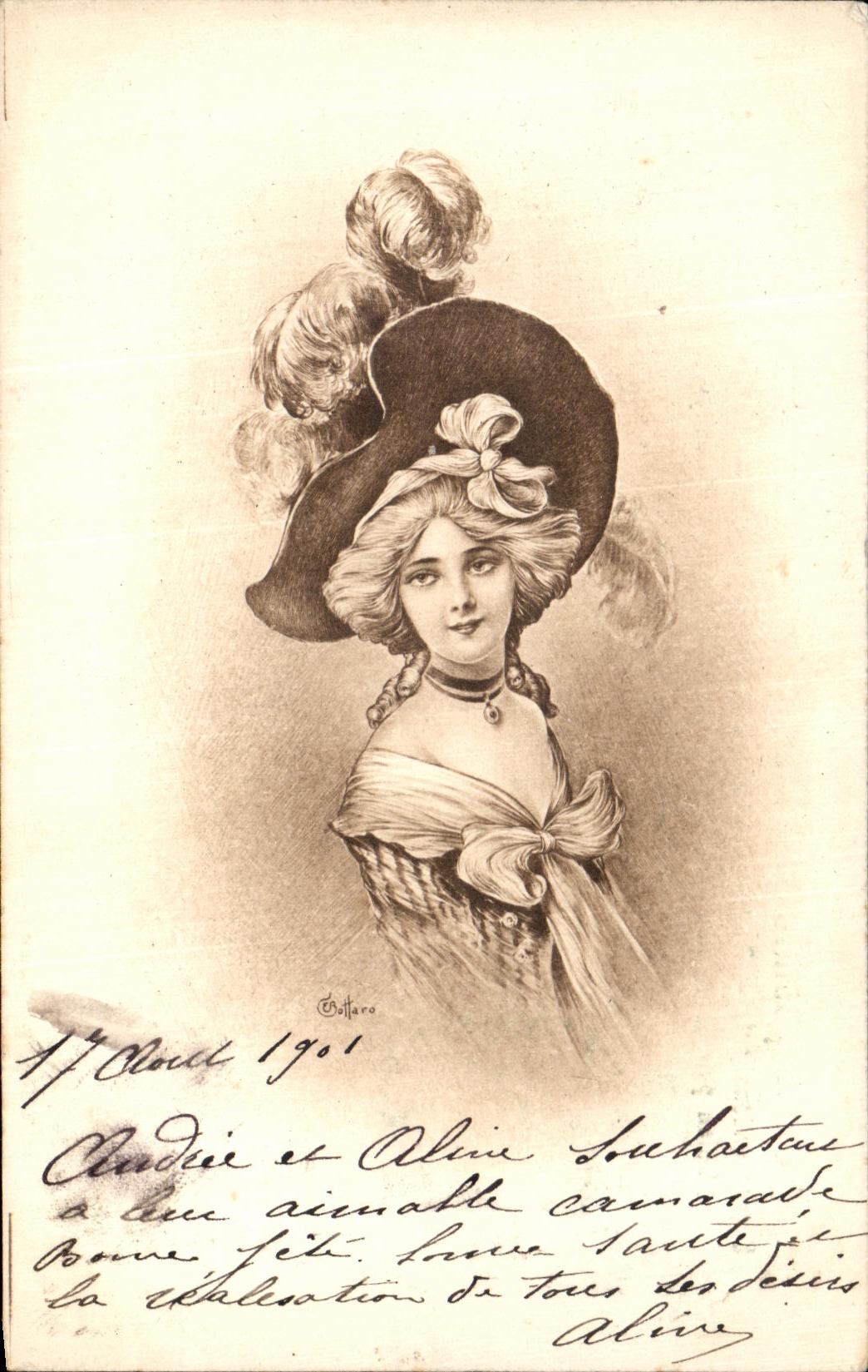 Femme en chapeau à plumes — gravure signée Collaro — édition Caprice, n° 1468