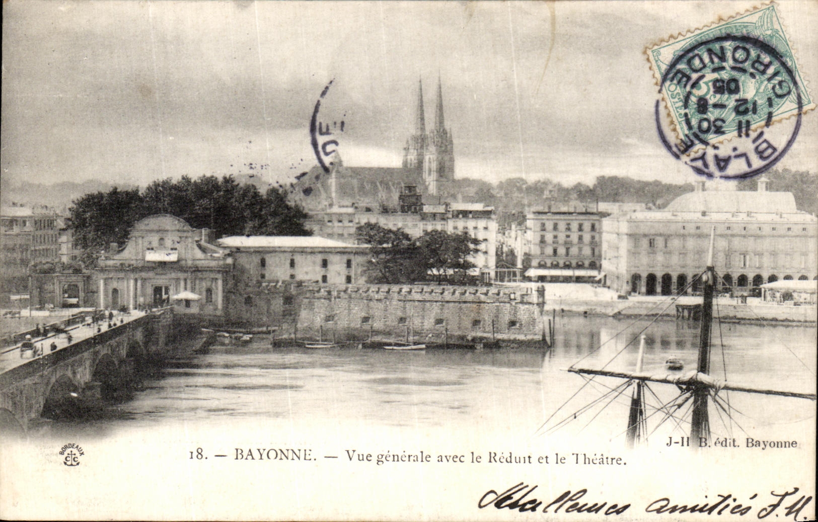 Bayonne — Vue générale avec le Réduit et le Théâtre — J.-H. B. édit. Bayonne