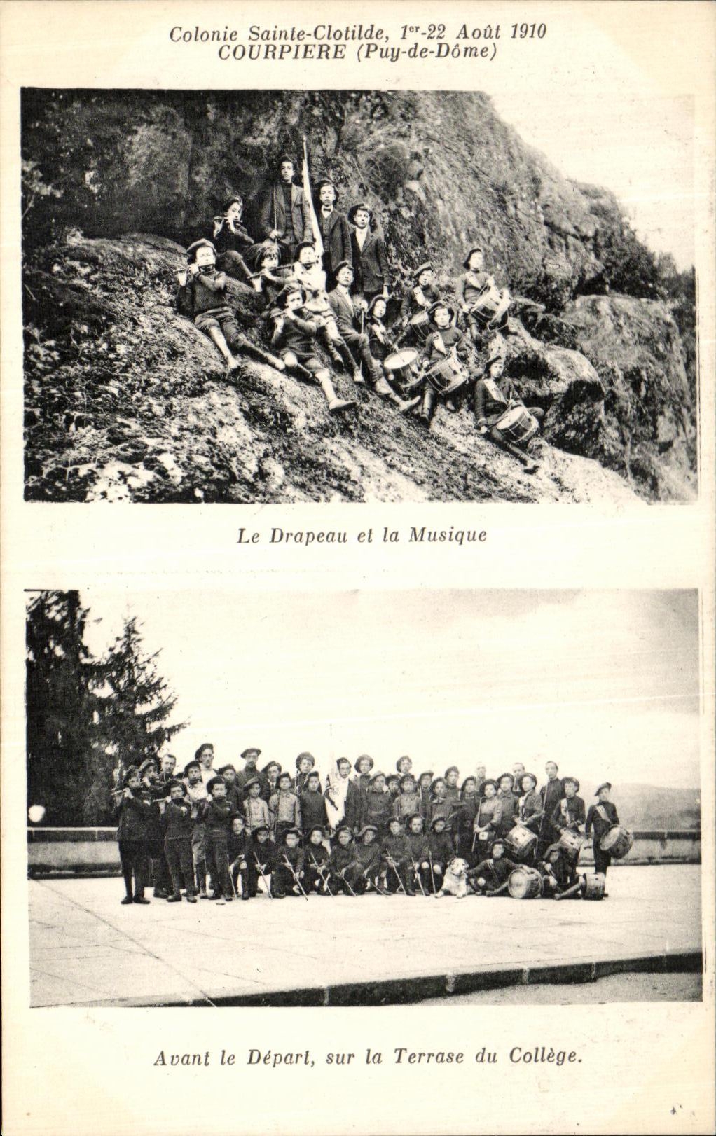 Colonie Sainte-Clotilde — Courpière (Puy-de-Dôme), 1er-22 Août 1910 — Le Drapeau et la Musique / Avant le Départ, sur la Terrasse du Collège