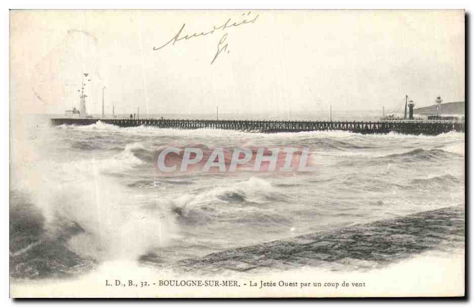 Boulogne-sur-Mer — La Jetée Ouest par un coup de vent — L.D., B., 32