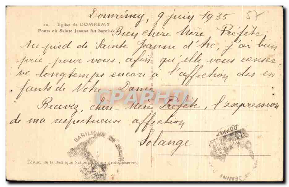 Antieke ansichtkaart Kerk van Domremy Fonts Of Heilige Jeanne Werd Gedoopt — Achterkant