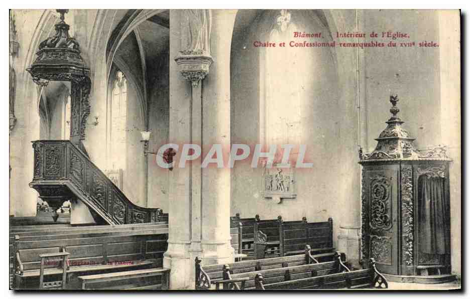 Blâmont — Intérieur de l'Église, Chaire et Confessionnal remarquables du xviiième siècle — Éditeur inconnu