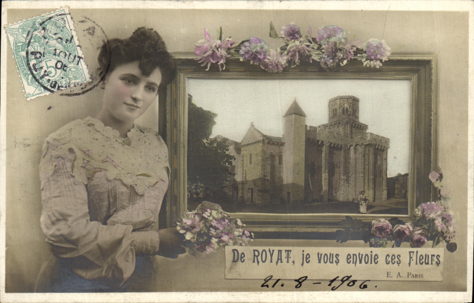 Femme tenant des fleurs — vue de Royat — E. A. Paris, n° de série non visible