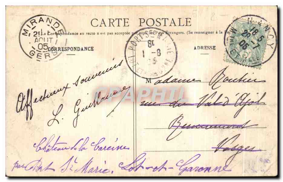 CPA Nancy Hemicycle de La Carriere Palais du gouvernement pepiniere  — Verso