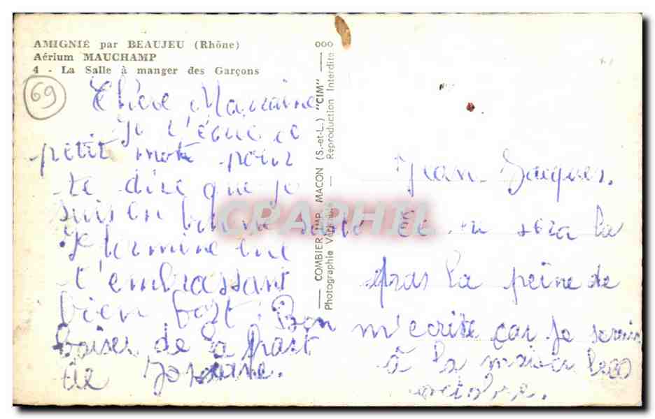 CPSM Amignie par Beaujeu La Salle a Manger des Garcons  — Rückseite