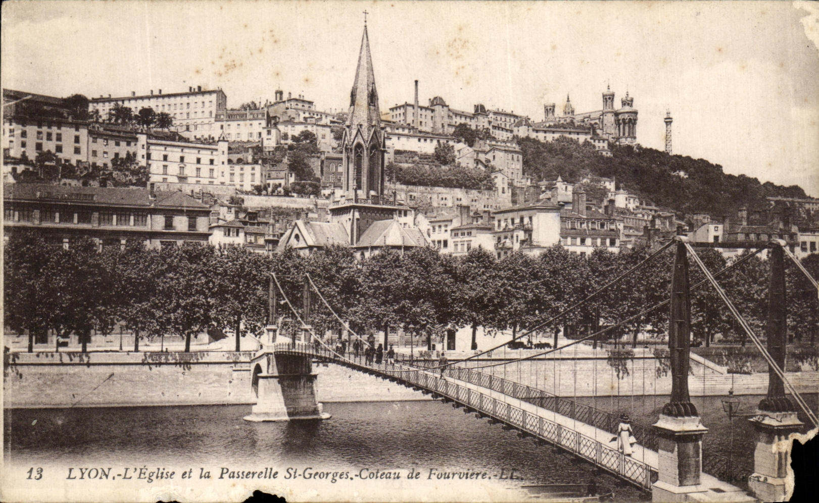 Antike Ansichtskarte Lyon Die Kirche Und Die Brücke St Georges Coteau De Fourviere