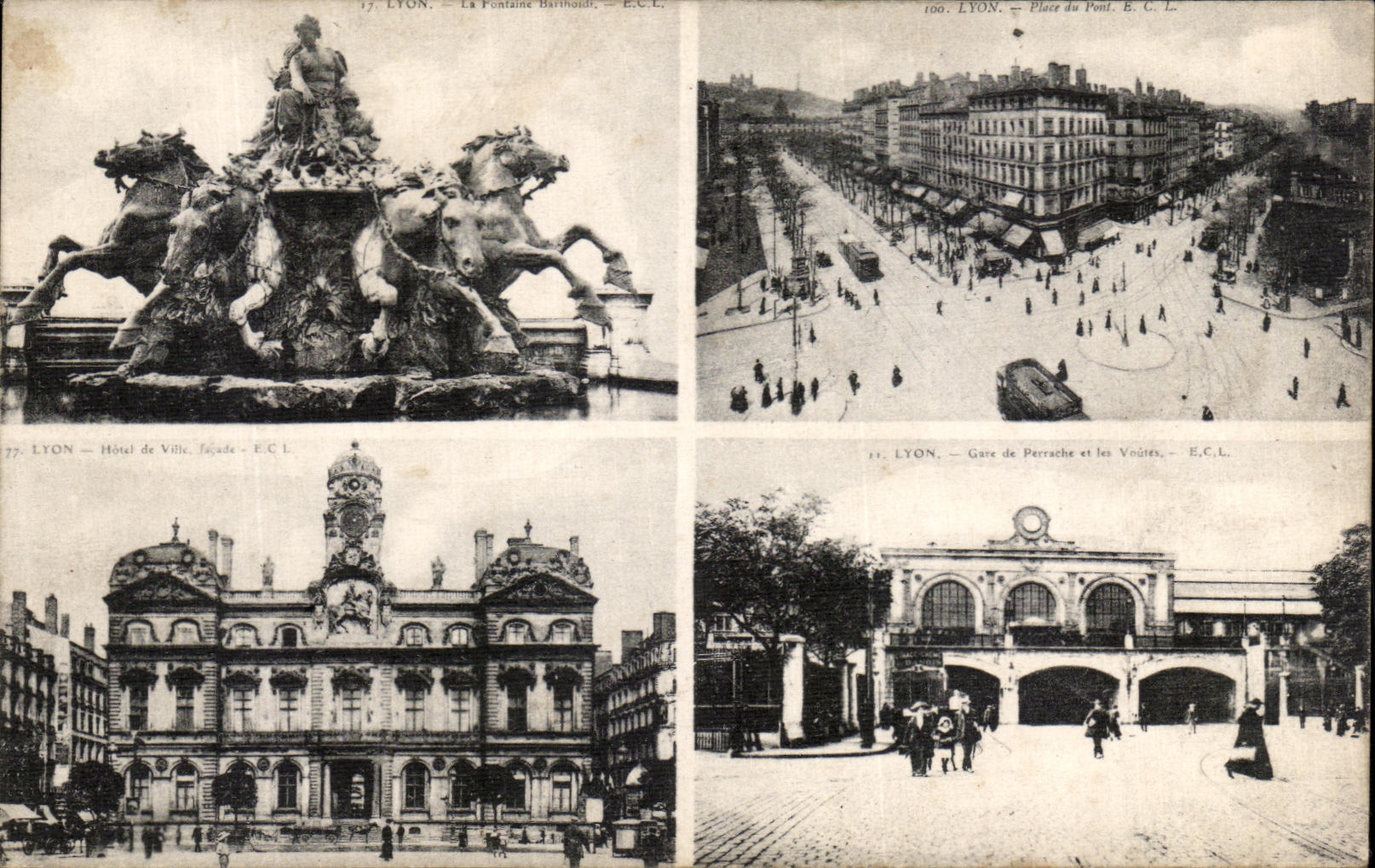 LYON — La Fontaine Bartholdi, Hôtel de Ville, Place du Pont, Gare de Perrache — E.C.L.