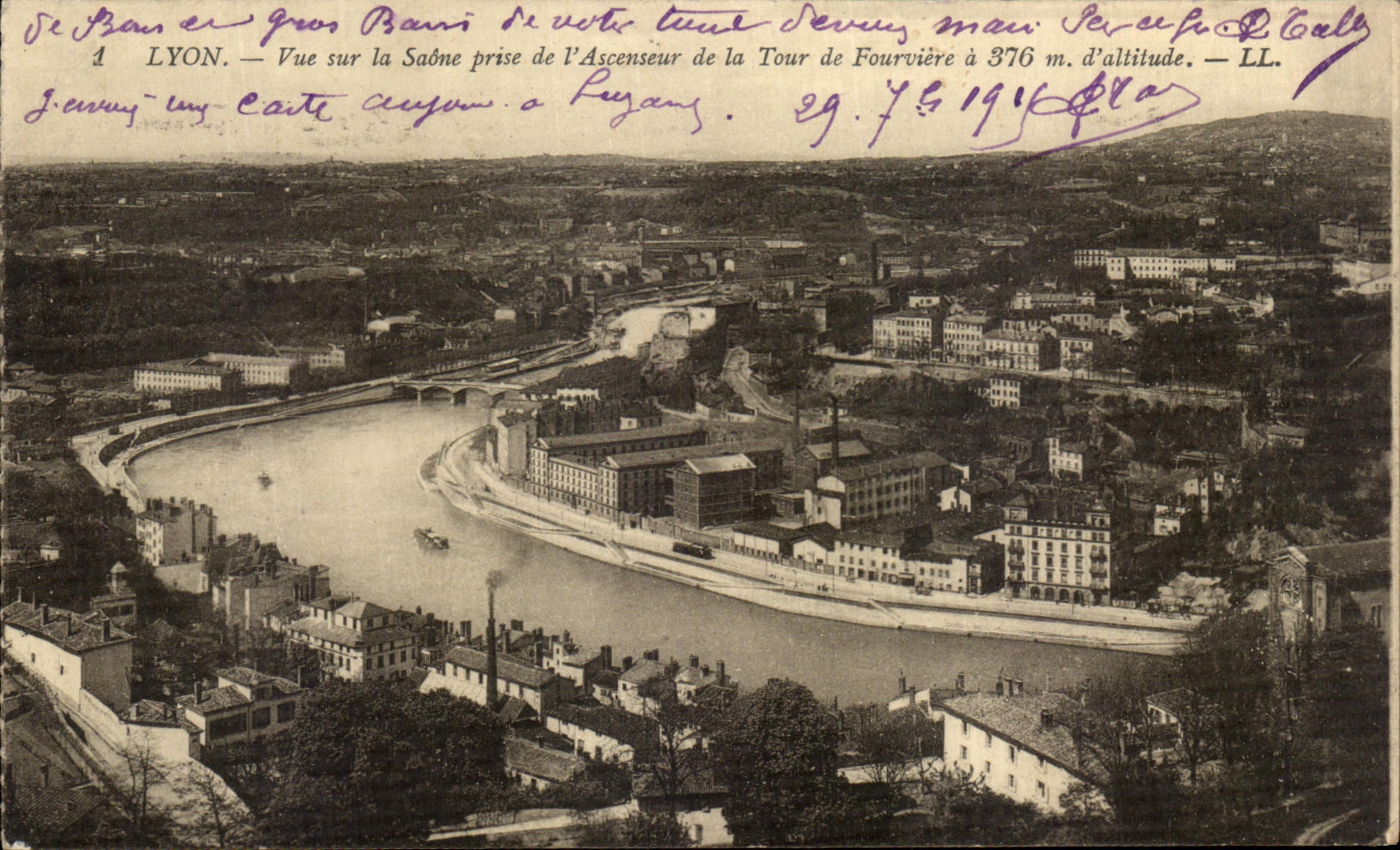 LYON — Vue sur la Saône prise de l'Ascenseur de la Tour de Fourvière à 376 m. d'altitude — LL.
