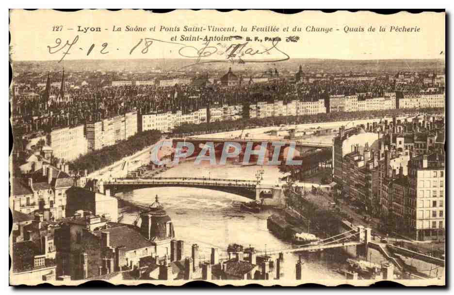 Lyon - La Saône et Ponts Saint-Vincent, la Feuillée et du Change - Quais de la Pêcherie