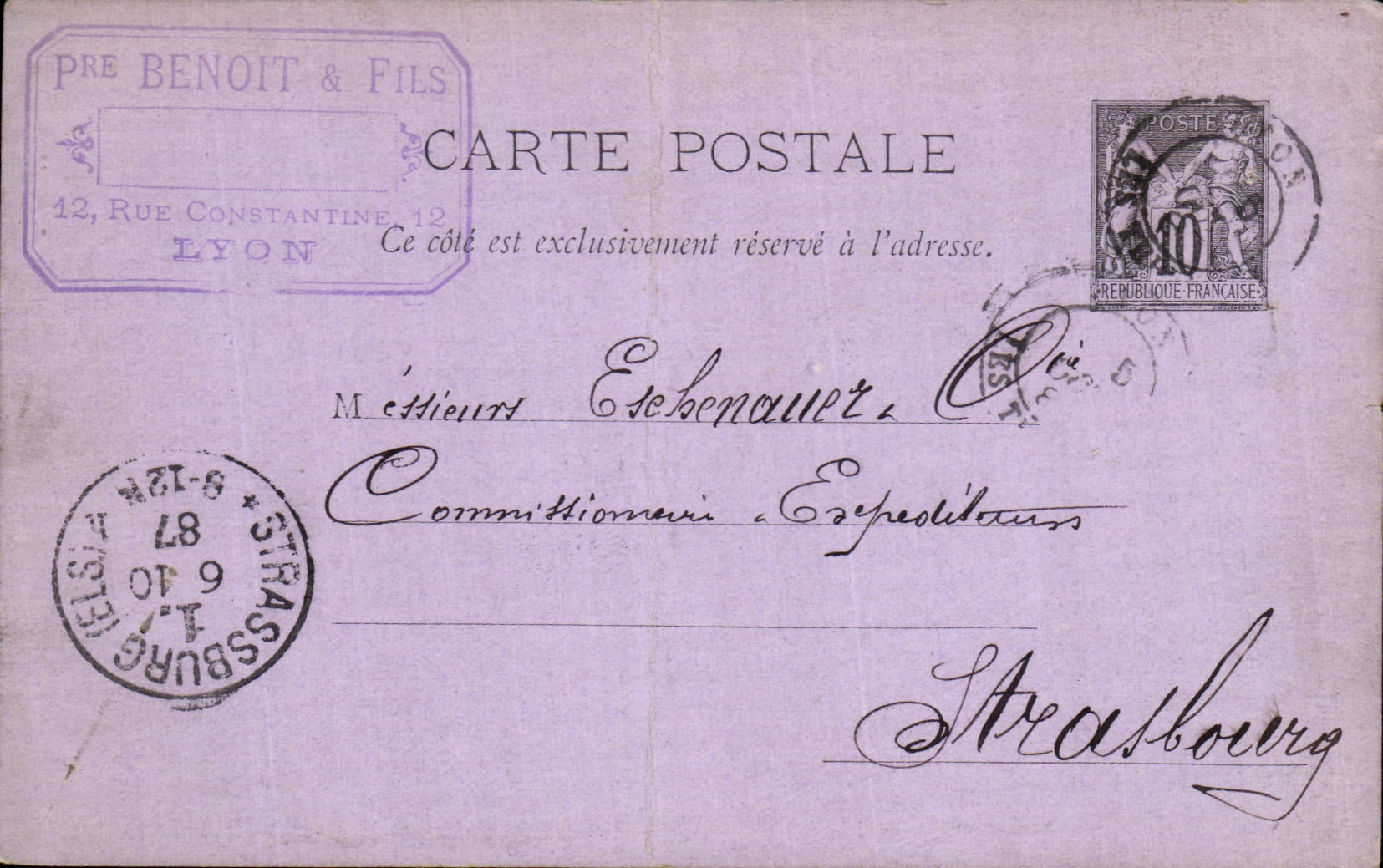 Carte type Sage 10c Lyon pour Strasbourg Esehenauer
