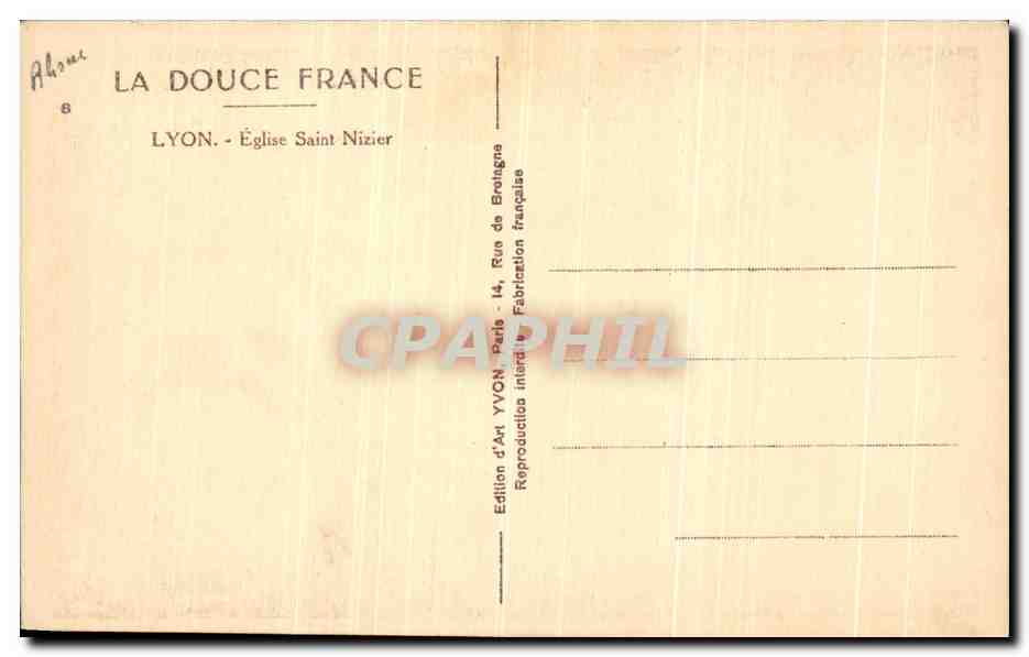 Lyon - Église Saint-Nizier — Éditeur Yvon, n°8 — Verso