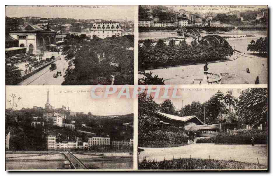 Lyon — Quatre vues : Pont de la Guillotière, Pont de la Douane, Pont de l'Île, et le Château de l'Île — Éditeur E. C. L.