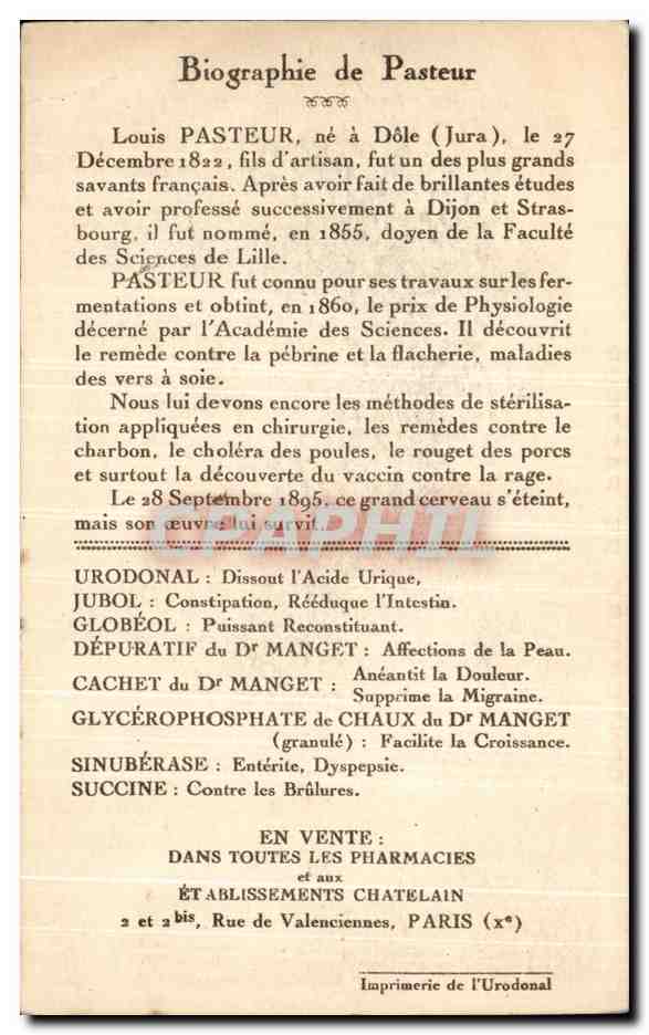 CPA Strasbourg Centenaire De Pasteur 1923 offert par l Urodonal  — Verso