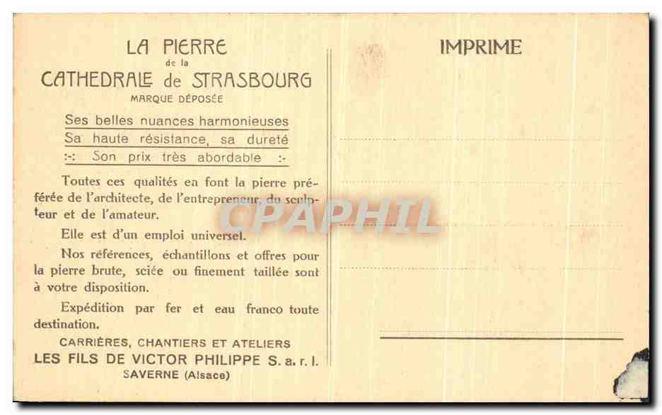 CPA Strasbourg Portail principal Execution en gres bigarre — Verso