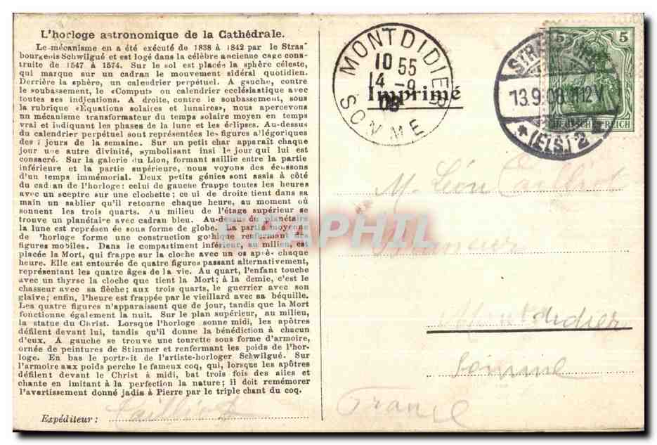 CARTE SYSTEME Strasbourg Horloge astronomique — Verso