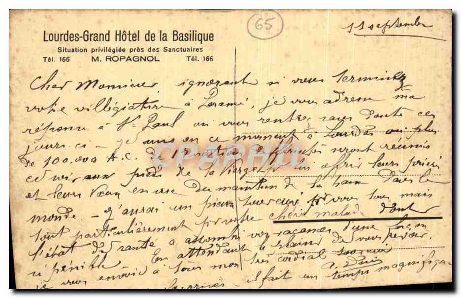 CPA Lourdes Grand Hotel de La Basilique — Verso