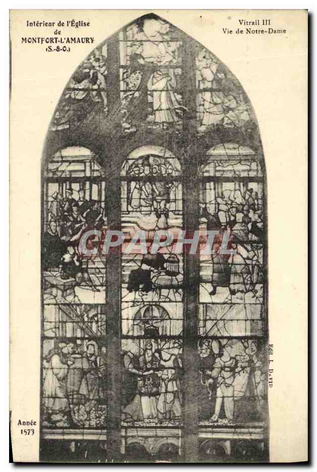 Innenraum der Kirche von Montfort-l'Amaury — Glasfenster III Leben der Jungfrau — Verlag L. David, Nr. 1573