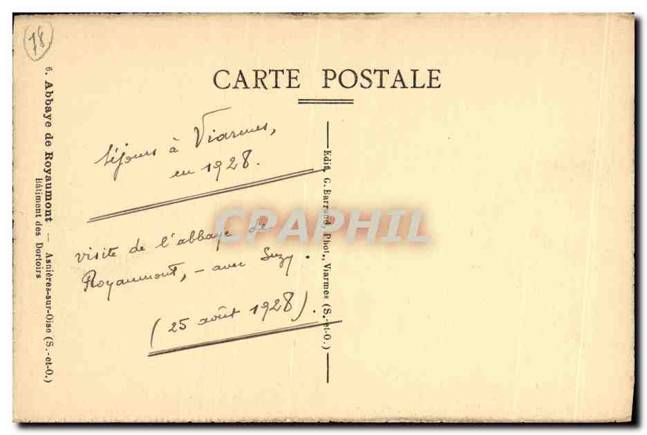 Abbaye de Royaumont — Visite en 1928 — Édité G. Barré, Viarmes — Verso