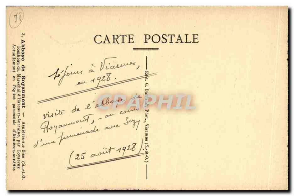 Tombeau de l'Abbé de Royaumont — Abbaye de Royaumont — Éditeur G. Barnard, Viarmes-sur-Oise — Verso