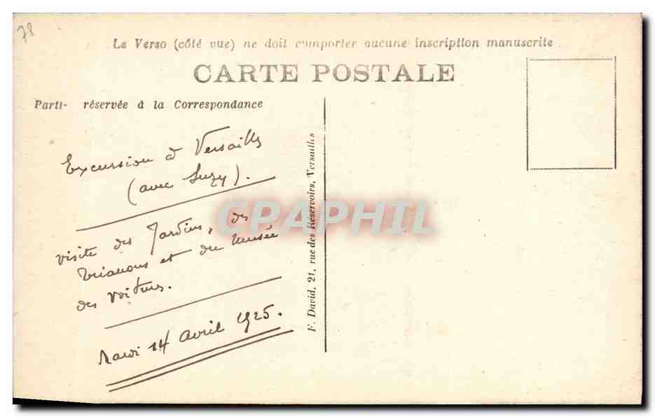 CPA Versailles Char d Apollon Le Tapis Vert et le Palais — Verso