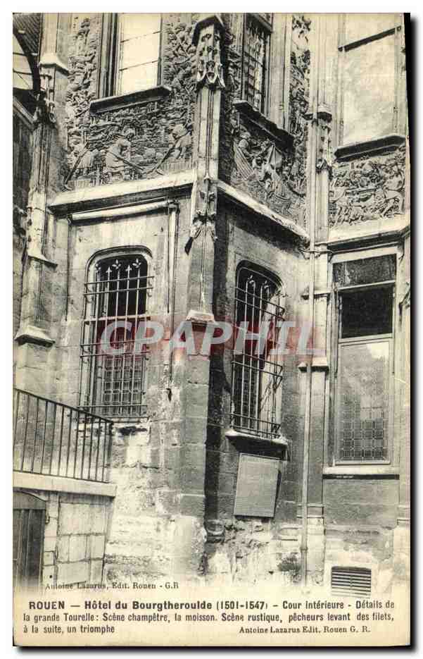 CPA Rouen Hotel du Bourgtheroulde Cour interieure Details de la grande tourelle Scene champetre La moisson Pecheurs 